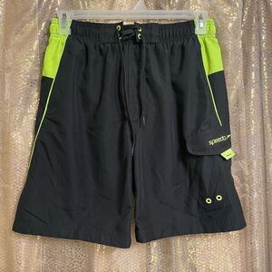 Speedo Mens Black Neon Green Sport Swim Trunks Board Shorts, Medium